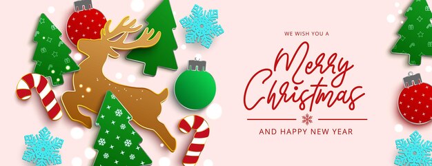 Diseño de fondo de vector de saludo de Navidad. Texto de feliz navidad con manualidades navideñas de ciervo, árbol.