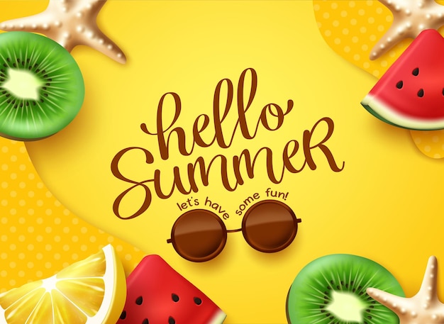 Vector diseño de fondo de vector de saludo de verano hola texto de verano en espacio amarillo con sandía kiwi