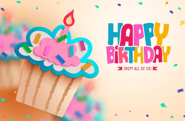 Diseño de fondo de vector de texto de feliz cumpleaños. Magdalena de cumpleaños en elemento de decoración de fiesta de corte de papel
