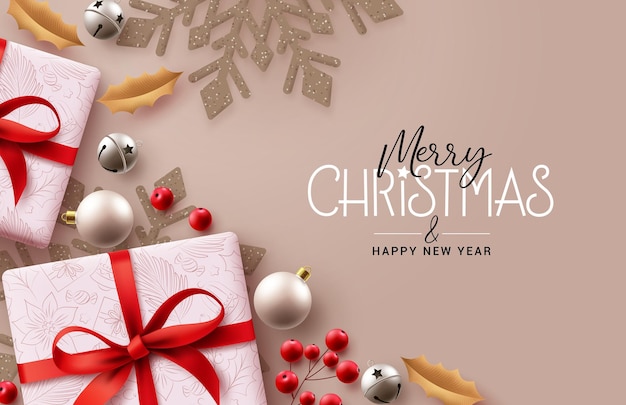 Diseño de fondo de vector de texto de feliz navidad. Regalos de elementos navideños y copos de nieve en elegante.