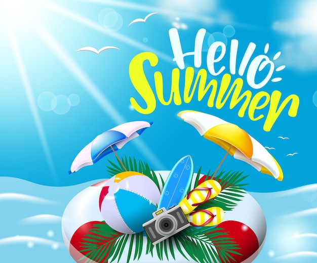 Diseño de fondo de vector de verano Hola texto de verano con flotador flotante en el fondo de agua de mar