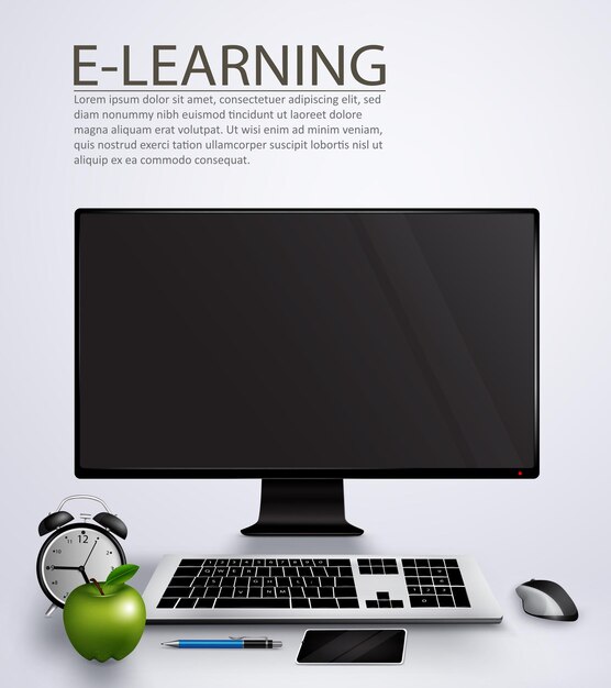 Diseño de fondo vectorial de aprendizaje electrónico. Texto de aprendizaje electrónico con monitor.
