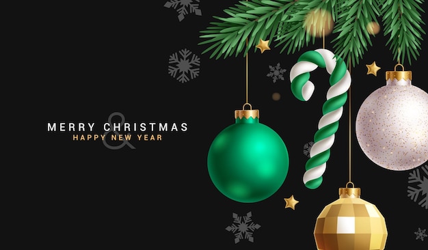 Diseño de fondo vectorial de bolas de Navidad Feliz Navidad y feliz año nuevo texto de felicitación