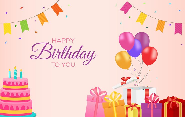 Diseño de fondo vectorial de cumpleaños feliz Texto de felicitación de cumpleaño con regalos de pastel globos