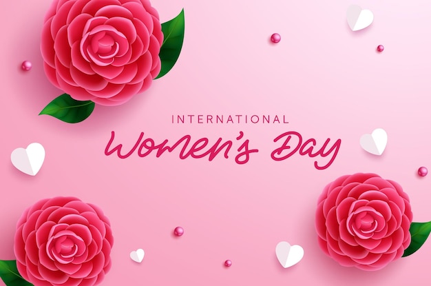 Diseño de fondo vectorial del día internacional de la mujer. Texto del día de la mujer en un espacio vacío con camelia.