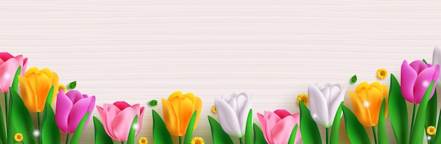Diseño de fondo vectorial de flores de tulipán de primavera. Tarjeta de felicitación del día de la mujer y del día de la madre con color.