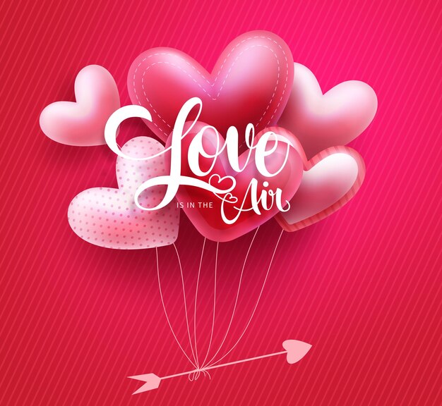 Diseño de fondo vectorial de globos de corazón de San Valentín. El amor está en el texto del aire con un grupo flotante.