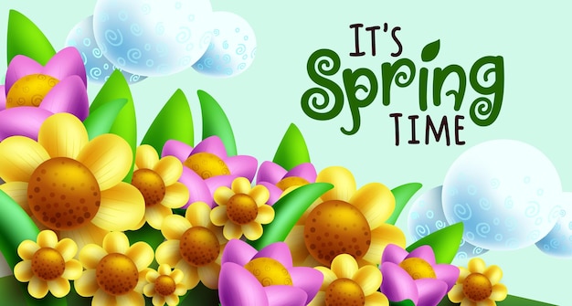 Diseño de fondo vectorial de tiempo de primavera su texto de tiempo de primavera en un lindo campo de flores con hojas