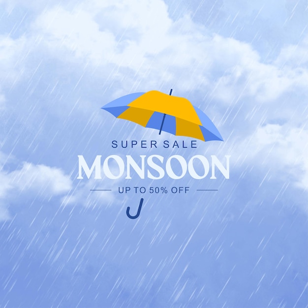Diseño de fondo venta nube de temporada de lluvia con paraguas
