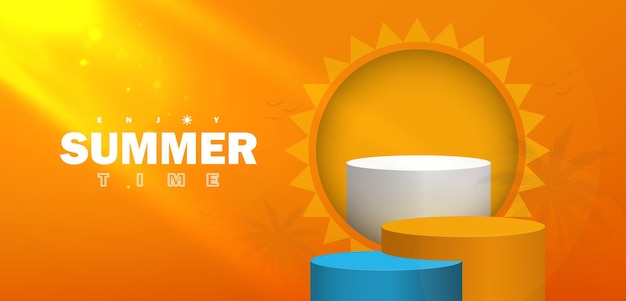 Diseño de fondo de verano con podios de productos y luz solar sobre fondo amarillo creativo