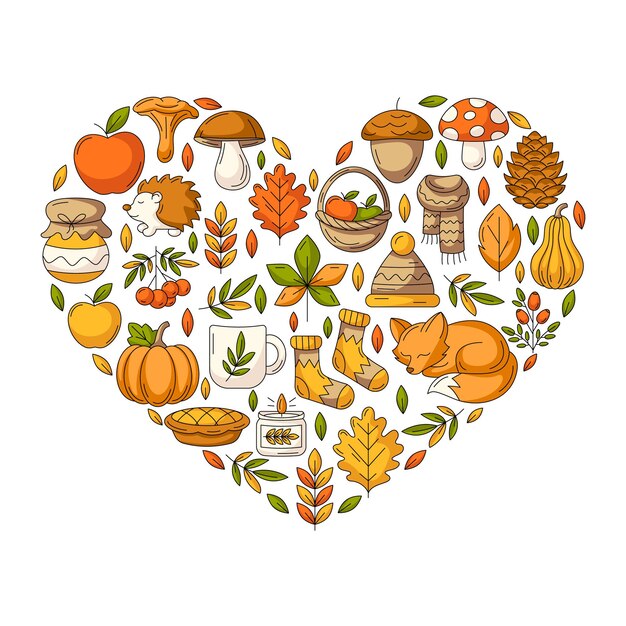 Diseño en forma de corazón de otoño Elementos de otoño de temporada acogedores Comida Ropa y animales Vector colorido