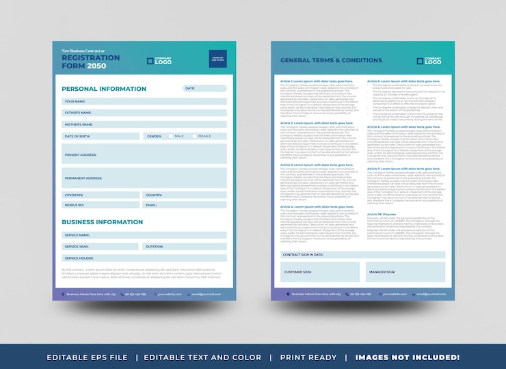 Vector diseño de formulario de registro comercial, formulario de membresía, formulario de cita multipropósito