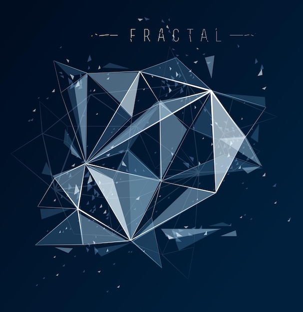 Diseño fractal de objetos de malla con fondo abstracto vectorial de líneas conectadas, elementos poligonales bajos en perspectiva 3D, tema de ciencia y tecnología.