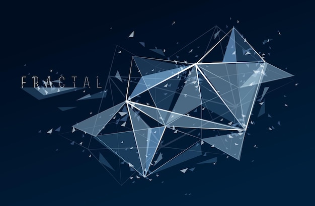 Diseño fractal de objetos de malla con líneas conectadas fondo abstracto vectorial bajo elementos polígonales en perspectiva 3D tema de ciencia y tecnología