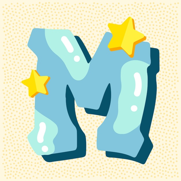 Diseño de fuente brillante de caramelo Letras de decoración de estrellas en azul pastel y amarillo de papel Dulces ABC para niñas Letra M