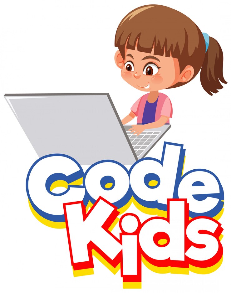 Vector diseño de fuente para niños de código de palabra con niña trabajando en la computadora