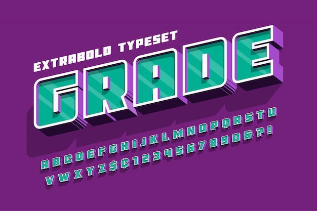 Diseño de fuente de pantalla 3d extrabold, alfabeto, letras y números