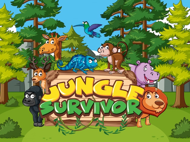 Diseño de fuente para sobreviviente de la jungla con animales en la jungla