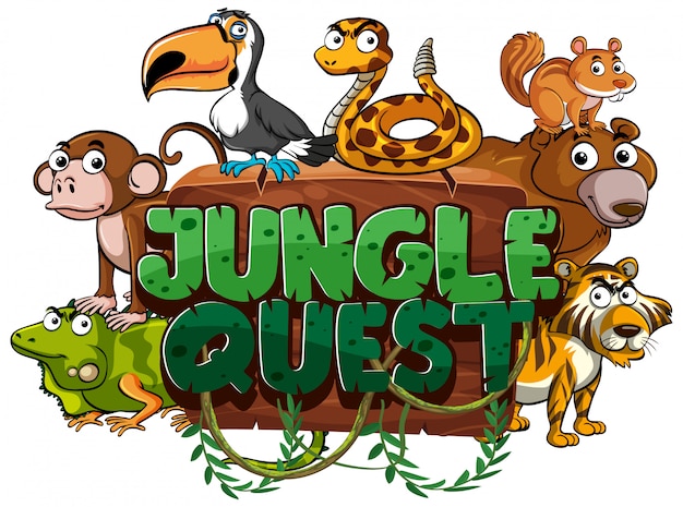 Diseño de fuente para word jungle quest sobre fondo blanco.