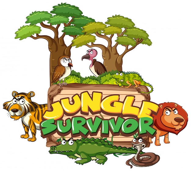 Diseño de fuente para word jungle survivor con animales en segundo plano.