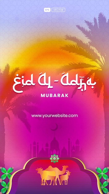 Diseño futurista de la historia de las redes sociales de eid al adha mubarak fondo violeta vibrante