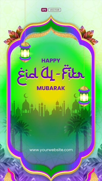 Diseño futurista de la historia de las redes sociales de eid al fitr mubarak fondo verde púrpura vibrante