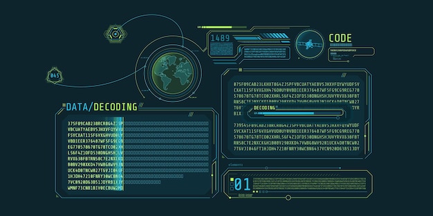 Diseño futurista de hud del programa de decodificación de datos satelitales.