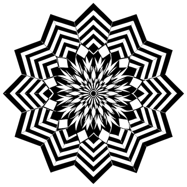 Diseño geométrico abstracto en blanco y negro con un patrón central en forma de flor