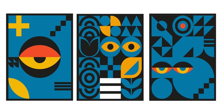 Vector diseño geométrico bauhaus con elementos de ojos. formas y formas modernas primitivas. carteles interiores vectoriales, portadas, pancartas.