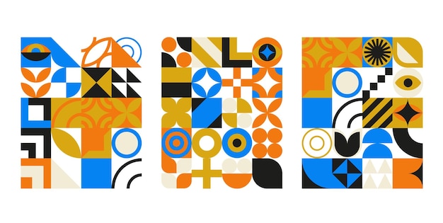 Diseño geométrico Bauhaus con elementos de ojos. Formas y formas primitivas y modernas. Carteles interiores vectoriales, portadas, pancartas.