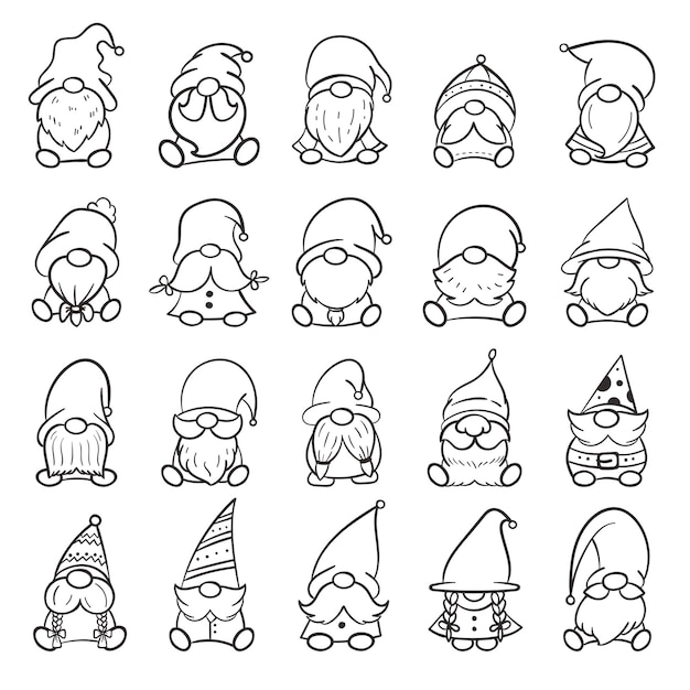 Diseño de gnomos de navidad de arte lineal para colorear libro aislado sobre un fondo blanco.