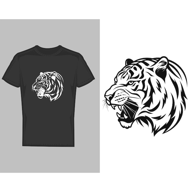 Diseño gráfico audaz de cabeza de tigre en camiseta negra