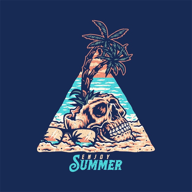 Diseño gráfico de camiseta de playa de verano de calavera, estilo de línea dibujada a mano con color digital, ilustración vectorial