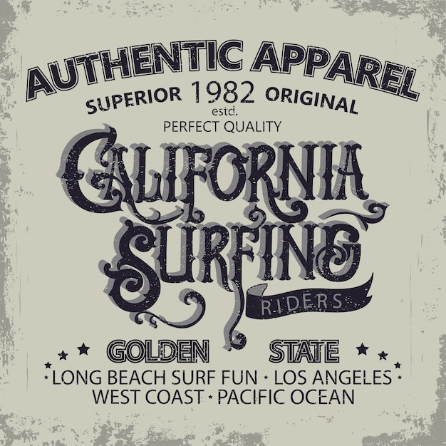 Vector diseño gráfico de camiseta de surf. mano deletreado surfistas de california llevan emblema de tipografía. diseño creativo.