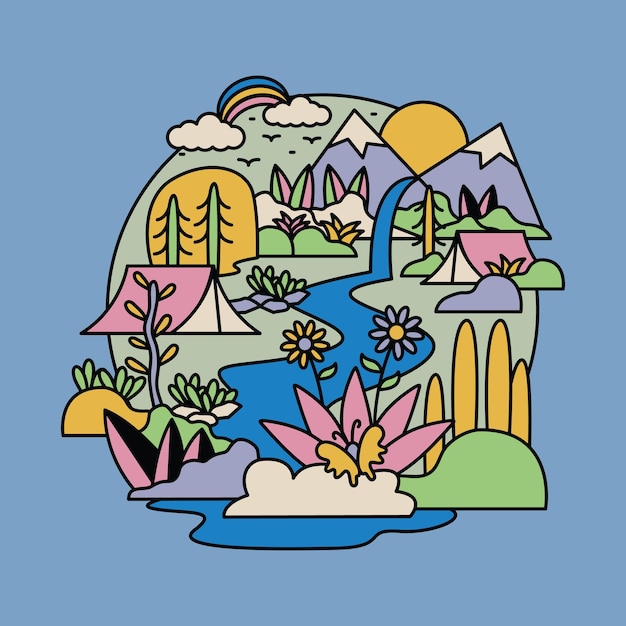 Diseño gráfico colorido de la camiseta del arte de la ilustración de la montaña del río salvaje de la aventura de la naturaleza que acampa