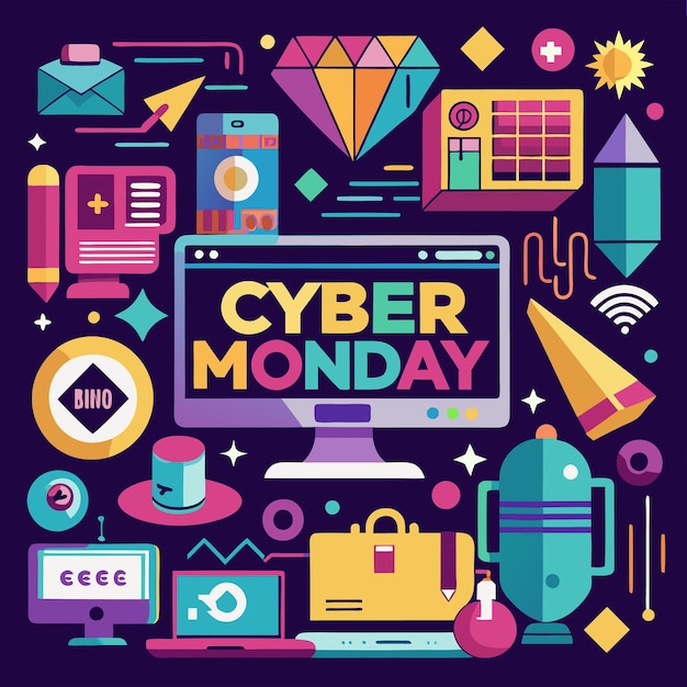 Diseño gráfico colorido con el texto 39Cyber Monday39 en una pantalla de computadora rodeada de íconos que representan compras en línea y tecnología