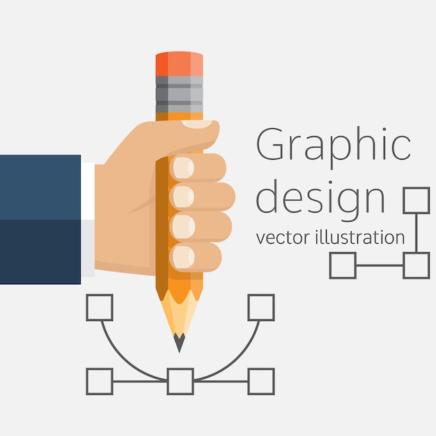 Vector diseño gráfico, concepto. hombre que sostiene un lápiz en la mano como herramienta de trabajo. tecnologías modernas. dibujar pluma. ilustración vectorial de un diseño plano.