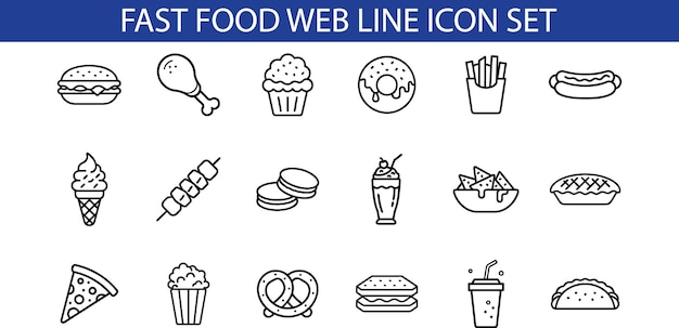 El diseño gráfico del conjunto de iconos de Fast Food Web Line