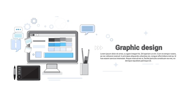 Diseño gráfico creativo diseñador trabajo equipo concepto banner delgada línea vector illustration