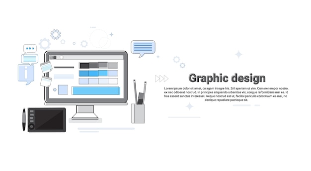 Diseño gráfico creativo diseñador trabajo equipo concepto Banner delgada línea Vector Illustration