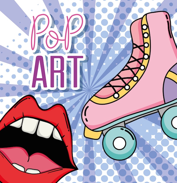 Diseño gráfico del ejemplo lindo del vector de los patines de ruedas del dibujo animado del arte pop