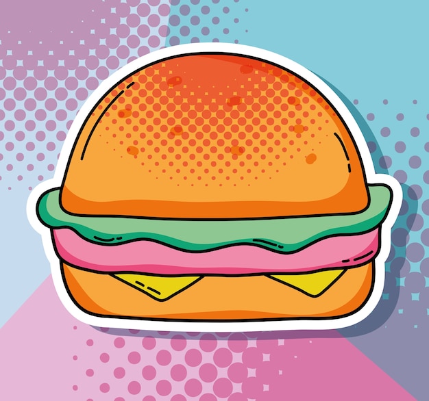 Diseño gráfico del ejemplo del vector de la comida rápida de la hamburguesa del arte pop