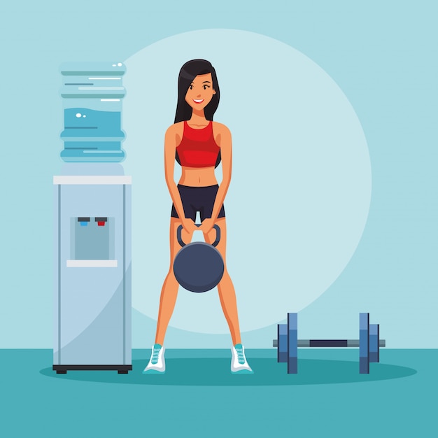 Diseño gráfico de elevación del ejemplo del vector del kettlebell de la mujer joven