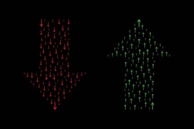 Diseño gráfico de flechas vectoriales arriba y abajo en verde y rojo sobre fondo negro