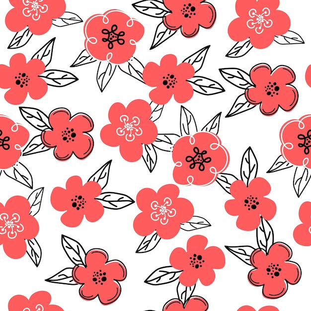 Diseño gráfico floral de garabateo Patrón sin costuras Conjunto de flores mínimas abstractas Hermosas flores