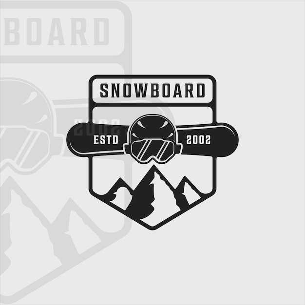 Diseño gráfico del icono de la plantilla del ejemplo del vector del vintage del logotipo de la snowboard. Tablero de casco y gafas de esquí, signo o símbolo para viajes y tienda de deportes de invierno con insignia retro