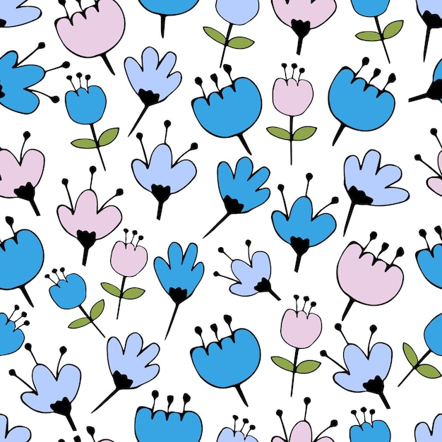 Diseño gráfico de patrones sin fisuras minimalistas simples de flores para papel, impresión textil, relleno de página. fondo floral con flores silvestres dibujadas a mano, hierbas y hojas