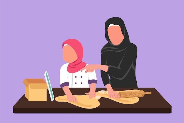 Diseño gráfico plano dibujando feliz madre árabe e hija cocinando juntas mientras ven un tutorial desde una tableta o teléfono inteligente Aprende a cocinar con tecnología digital Ilustración de vector de estilo de dibujos animados