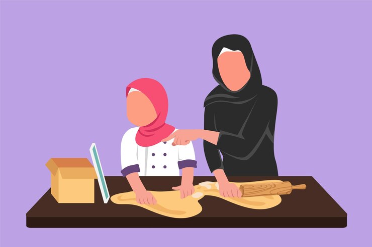 Vector diseño gráfico plano dibujando feliz madre árabe e hija cocinando juntas mientras ven un tutorial desde una tableta o teléfono inteligente aprende a cocinar con tecnología digital ilustración de vector de estilo de dibujos animados