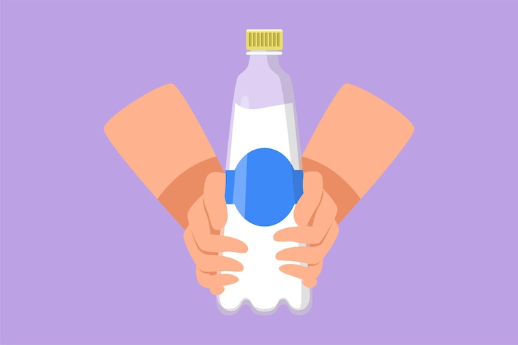 Vector diseño gráfico plano dibujando manos sosteniendo botella de plástico de agua potable pura refrescante y salpicaduras aisladas en fondo azul hambrientos y sedientos de buena salud ilustración vectorial de estilo dibujos animados